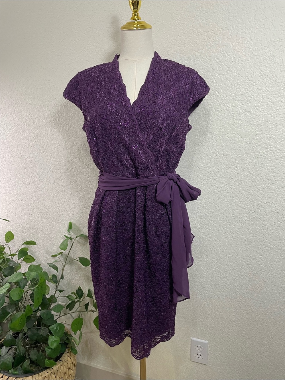 Alex Evenings Purple Sequin Lace Cocktail Dress